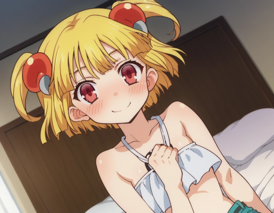 score_9, score_8_up, score_7_up, source_anime,
pattythesummer, <lora:patty-the-summer-ponyxl-lora-nochekaiser:1>
patty the summer, short hair, blonde hair, red eyes, twintails, two side up, hair ornament, smile,
shirt, white shirt, shorts,
indoors, bed, bed room, on side, blush, drunk,
looking at viewer, dutch angle, cowboy shot