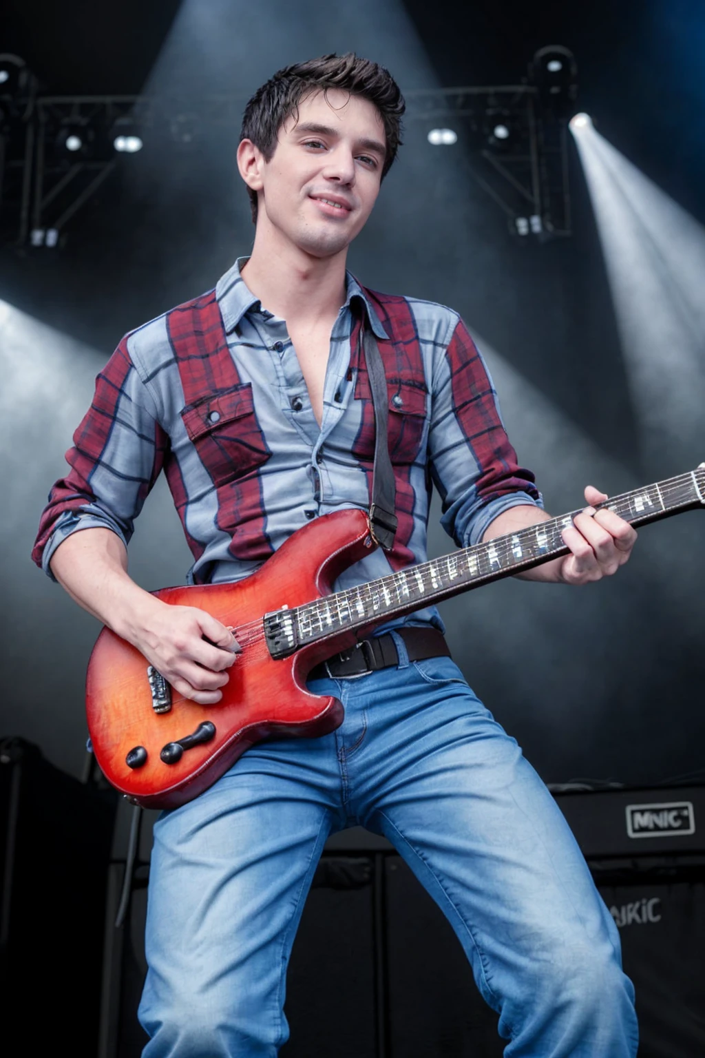 photo of twk steveperson <lora:steve_epoch_10:0.8>, wearing a plaid shirt and jeans, belt, on stage at a music festival, playing electric guitar <lora:anime_guitarv1:0.5>, (smile:0.5)