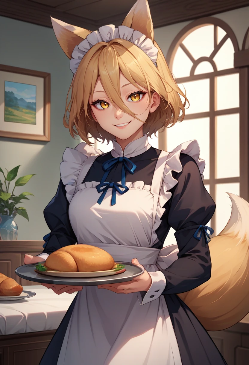 score_9, score_8_up, score_7_up, source_anime, solo, 1girl, kudamaki tsukasa, smile, looking at viewer, holding tray, animal ears, yellow eyes, maid, black dress, puffy sleeves, long sleeves, white apron, fox tail, indoors <lora:touhou_kudamaki_ponyXL:1>