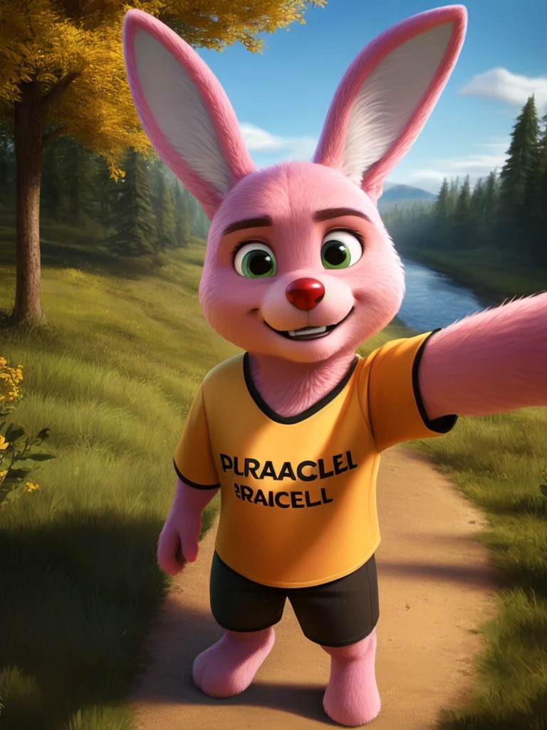 <lora:BunnyDuracellOpt:0.85> , BunnyDuracellOpt, green eyes, red nose, pink fur,  bynny, white ear fur, black shorts, dark yellow shirt, CGI
solo,   looking at viewer, (beautiful, aesthetic, perfect, delicate, intricate, masterpiece, ) male, boy, high-angle view, foreshortening 
uploaded on e621, textured fur, [The sun is shining, nature, forest, river, trees, grass, road, sky with clouds,]
[by personalami], by smitty g, [[[by Foxovh]]], [[by Ross Tran]]