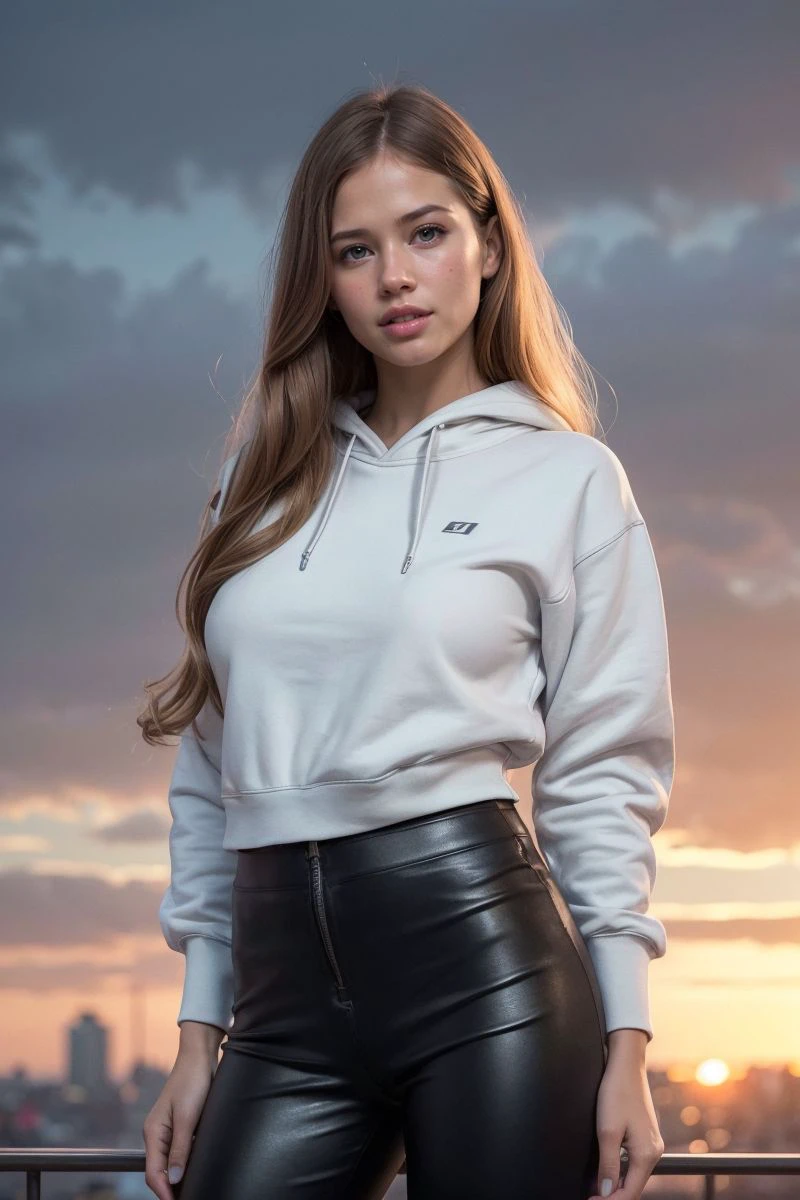 photo of S365_StellaCardo,a stunning woman,in a (city:1.1),wearing a (sweatshirt:1.1),(leather-pants),(sunset),(4k, RAW photo, best quality, 35mm, depth of field, ultra high res:1.1),(intricate, photorealistic, cinematic-shot, masterpiece, ultra-detailed:1.1),