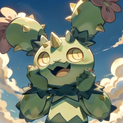 maractus, smile, :3, closed mouth, hand on cheek, closeup, sky, cloud