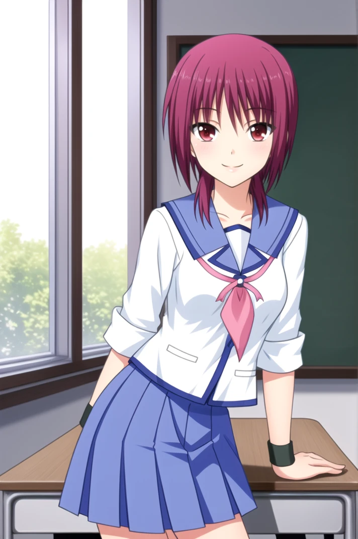 masterpiece, high quality, highres, 1girl, solo,
<lora:AngelBeats_Iwasawa-v1-07:0.65>, ChopioIwasawa, short hair, purple hair, red eyes, (looking at viewer:1.3),
mature female, medium breasts,
outfit_1, serafuku, blue sailor collar, white shirt, pink neckerchief, sleeves rolled up, wristband, blue skirt, pleated skirt,
classroom, chair, desk, chalkboard, window, sunlight,
leaning against wall, smile,