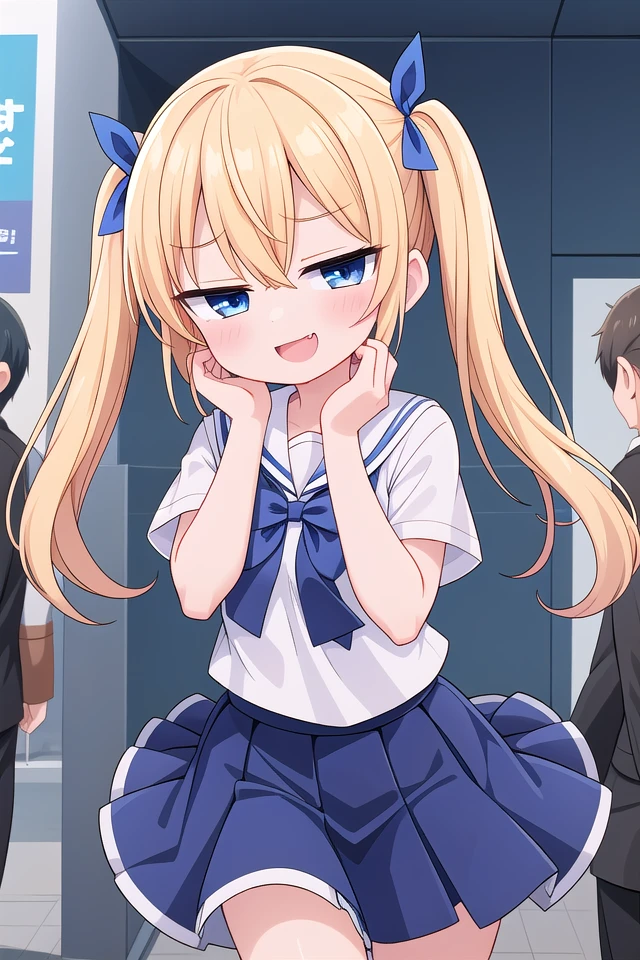 <lora:sensualface_type3_v3:1>
insanely detailed, absurdres, ultra-highres, ultra-detailed, best quality,
1girl, solo, nice hands, perfect hands,
BREAK
(wearing sailor school uniform, dark blue pleated skirt, white shirt),
(evil smile, ;3, smug, open mouth:1.3), fangs
BREAK
standing, hand on own face, 45 angle,
from below, cowboy shot, looking at viewer, tilt head
BREAK
slender, kawaii, perfect symmetrical face, ultra cute girl, ultra cute face, ultra detailed eyes, ultra detailed hair, ultra cute, ultra beautiful
BREAK
in harajuku, shibuya, tokyo, street, crowd, cityscape,
small breasts
BREAK
(gold blonde) hair, (short:1.3) twintails, blue eyes, blue hair ribbon, hair between eyes