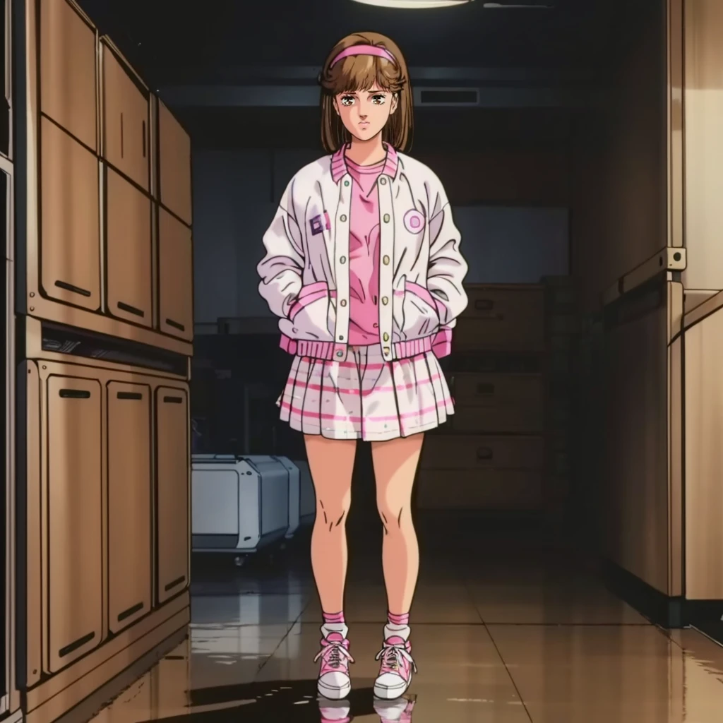 <lora:MZ2TakanakaYui001:0.7>,
solo,
MZ2TakanakaYui,1girl,brown hair,brown eyes,retro artstyle,1980s (style),
hair band,
pink shirt,white jacket,
check pattern skirt,sneakers,
full body,standing,