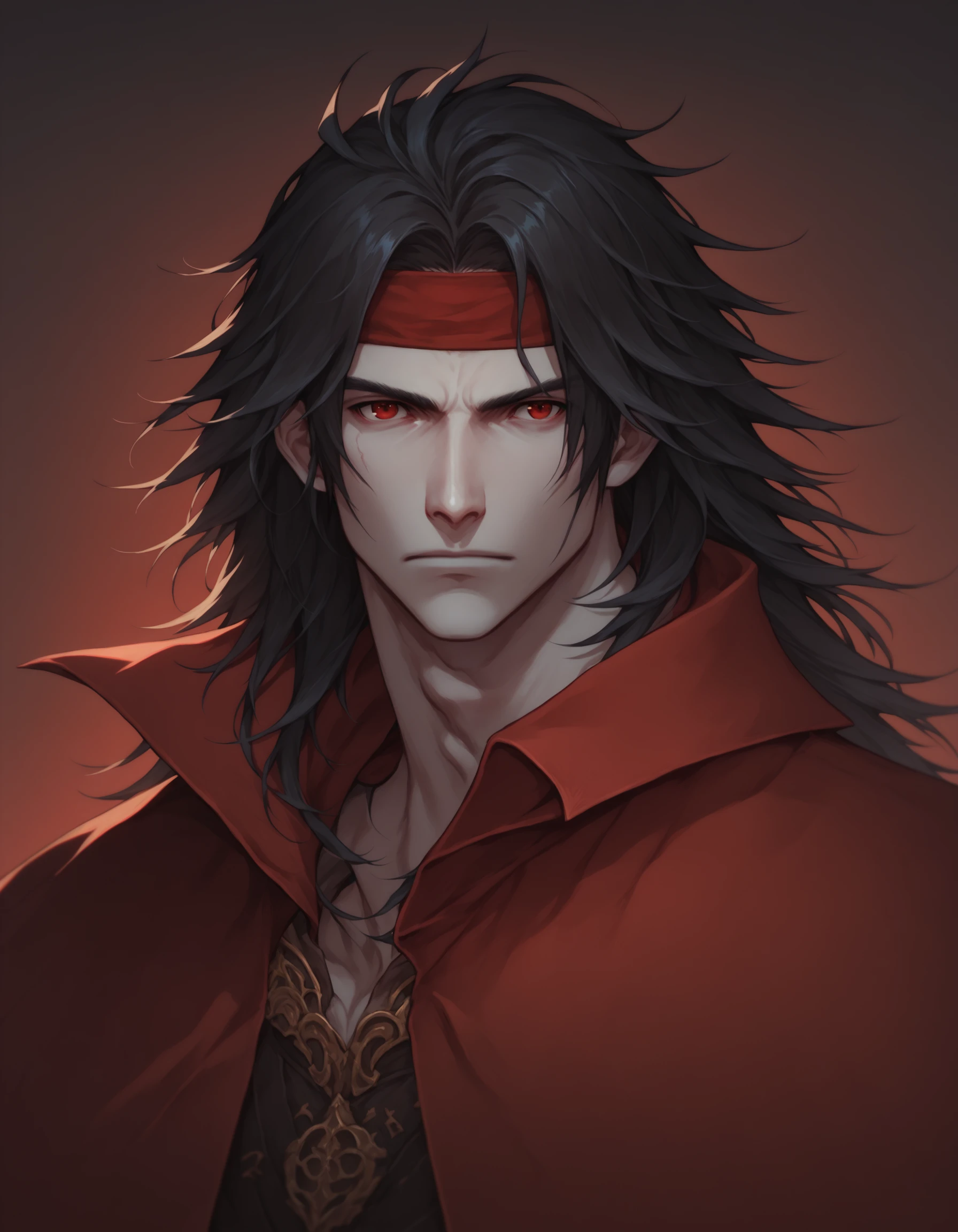 score_9_up, score_8_up, score_7_up, score_6_up, Final Fantasy Games Style, solo, long hair, black hair, red eyes, 1boy, male focus, headband, messy hair, pale skin, cloak, red cloak, Vincent Valentine, FF7,<lora:FF-InspoXL:1>