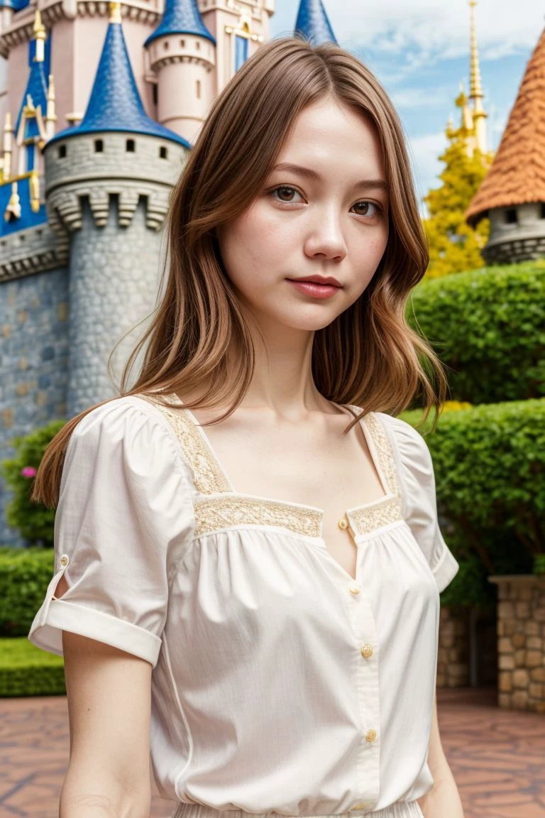 European woman, closeup, sandals, (shirt), pants, (disney castle), ZM_chelsea, wide shoulders, perfect face, (contact iris: 1.1), pale skin, skin pores , looking_at_viewer, depth of field