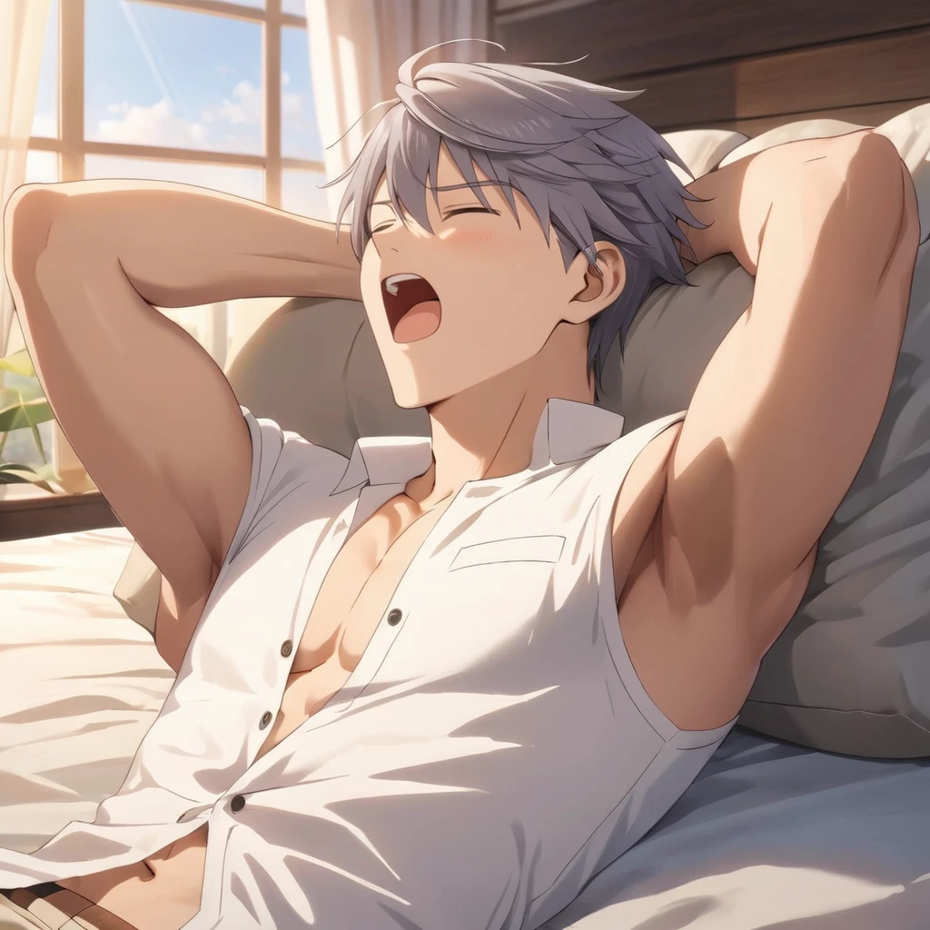 best quality,masterpiece,highres,8k,pov,1boy,solo,patrick,grey hair,male focus,pectorals,closed eyes,(yawning:1.3),white shirt,open shirt,navel,abs,arms up, sleeping,wake up from sleeping,on back,lying,armpit,thight,stretching,muscular,(hands out of the frame:1.3)
window,indoors,pillow,curtains,on bed,bed sheet,morning,natural lighting,illustration