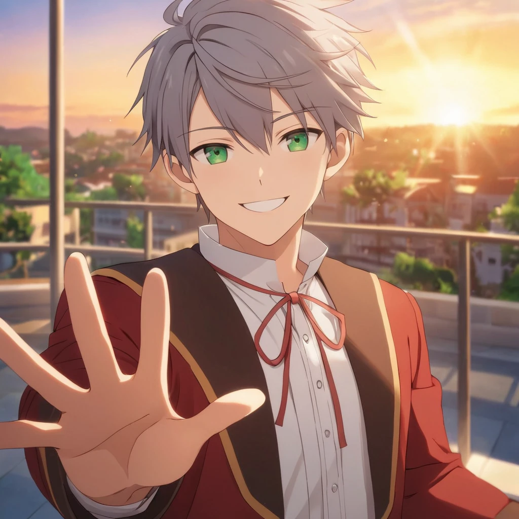 best quality,masterpiece,highres,8k,pov,1boy,patrick,grey hair,green eyes,male focus,closed mouth,pectorals,solo,smile,looking at viewer,school uniform,standing,high five,smile
random background,sunset,teenager,natural lighting,illustration