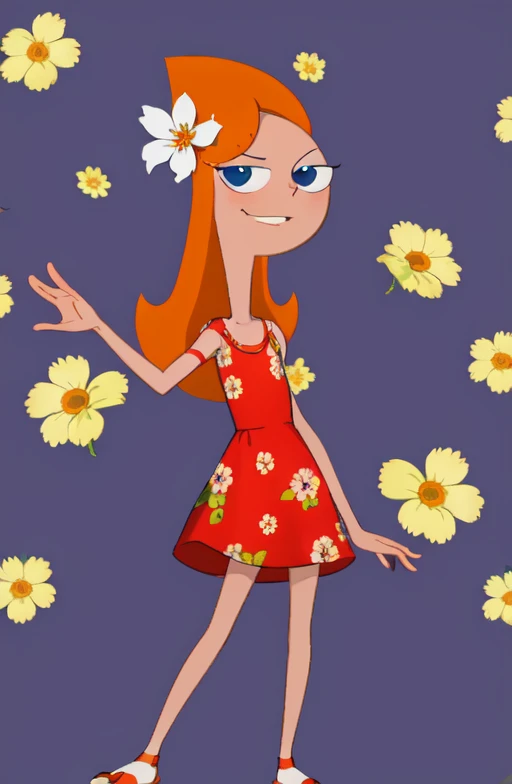 <lora:Candace Flynn SD15 V1:1> Candace_Flynn, medium hair, looking at viewer, smile, dark blue eyes, simple background, hair ornament, dress, full body, flower, hair flower, orange hair, flat chest, parody, red dress, sandals, style parody, flower print, feet