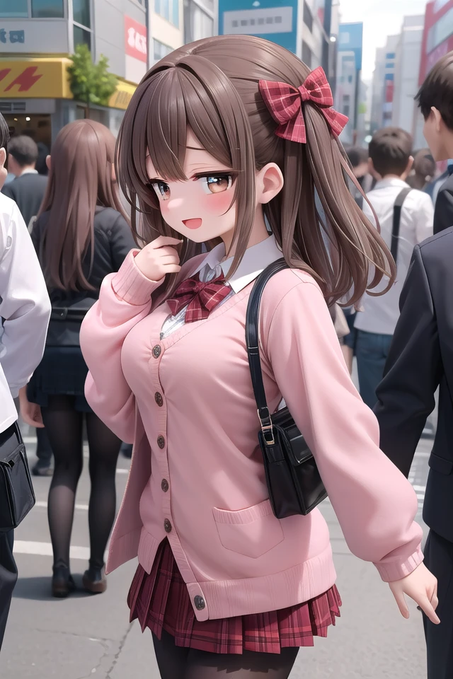 <lora:sensualface_type3_v3:1>
insanely detailed, absurdres, ultra-highres, ultra-detailed, best quality,
1girl, solo, nice hands, perfect hands
BREAK
(School Uniforms:1.2), (pink cardigan is fit body:1.4), ((do up a buttons, not loose):1.5), ((long sleeve, sleeves past wrists):1.2), (inner wear is white collared-shirt:1.3), (red plaid-pattern bow:1.3), (red plaid-pattern pleated skirt:1.3), ((dark-brown pantyhose, loafers):1.2)
BREAK
happy smile, laugh, open mouth, standing,
from side,
cute pose, cowboy shot
BREAK
slender, kawaii, perfect symmetrical face, ultra cute girl, ultra cute face, ultra detailed eyes, ultra detailed hair, ultra cute, ultra beautiful
BREAK
in harajuku, shibuya, tokyo, street, crowd, cityscape
BREAK
medium large breasts,
(brown hair, brown eyes), hime cut