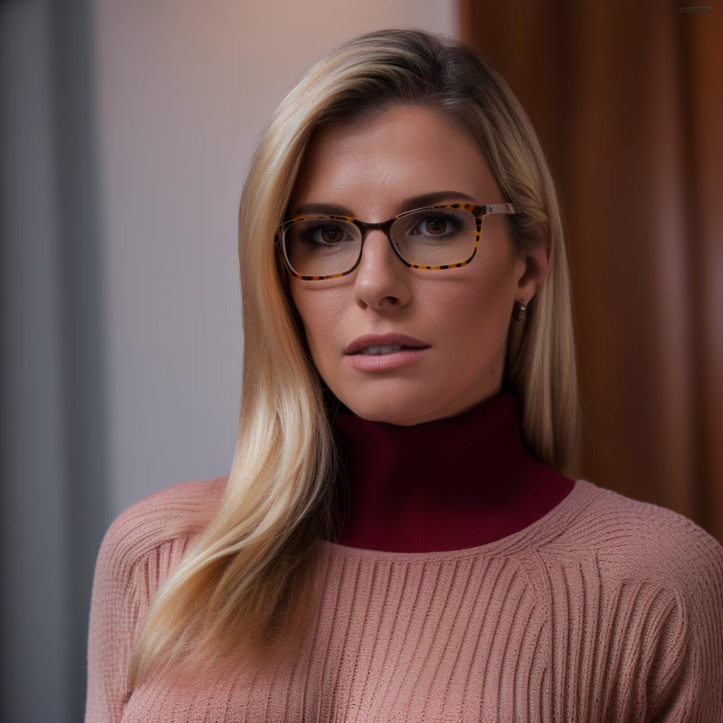 house, peop Best_QualityPos, RAW photo, intricate details, best quality, 8k uhd, soft lighting, 1girl, solo, Cory Chase, long hair, blonde hair, brown eyes, glasses, black turtleneck sweater <lora:Cory_Chase:0.7> <lora:exposure_control_v10:-0.45>