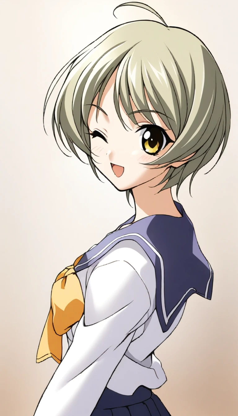 1girl,kaoru,long sleeves sumisora uniform,longkaoru,masterpiece,best quality,solo,very aesthetic,absurdres,game cg,simple background,white background,cowboy shot,upper body,close up,smile,looking at viewer,(illustration:1.2),(extremely fine and beautiful),(perfect details),(unity CG 8K wallpaper:1.05),(ray tracing),(beautiful and clear background:1.25),(depth of field:0.6),(beautiful face:1.2),<lora:MemoriesOffDuetAIOXL-000006:0.8>,from side,open mouth,one eye closed,