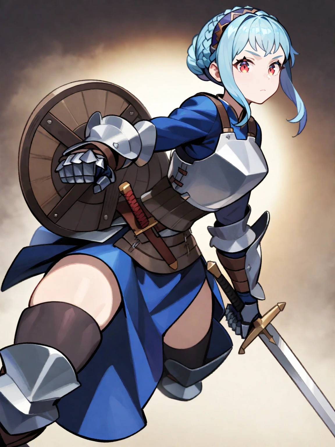 virginia, 1girl, red eyes, shield, weapon, blue hair, armor, solo, sword, holding, holding weapon, hairband, blue dress, looking at viewer, braid, gauntlets, holding shield, holding sword, dress, sidelocks, thighhighs, breastplate, crown braid, boots, armored dress, closed mouth,masterpiece,best quality,very aesthetic,absurdres