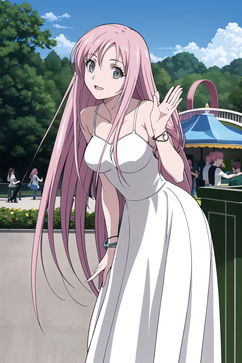 best quality,masterpiece,looking at viewer,absurdres,1girl,
depth of field,simca,grey eyes,pink hair,long hair,breasts,<lora:011-é£è½®å°å¹´-å¸å§å¡V1-000010:0.7>,dress,white dress,casual dresses,bracelet,amusement_park,outdoors,toll gate,stand,say hello,leaning_forward,arms_up,waving,(ferris wheel:0.8),,