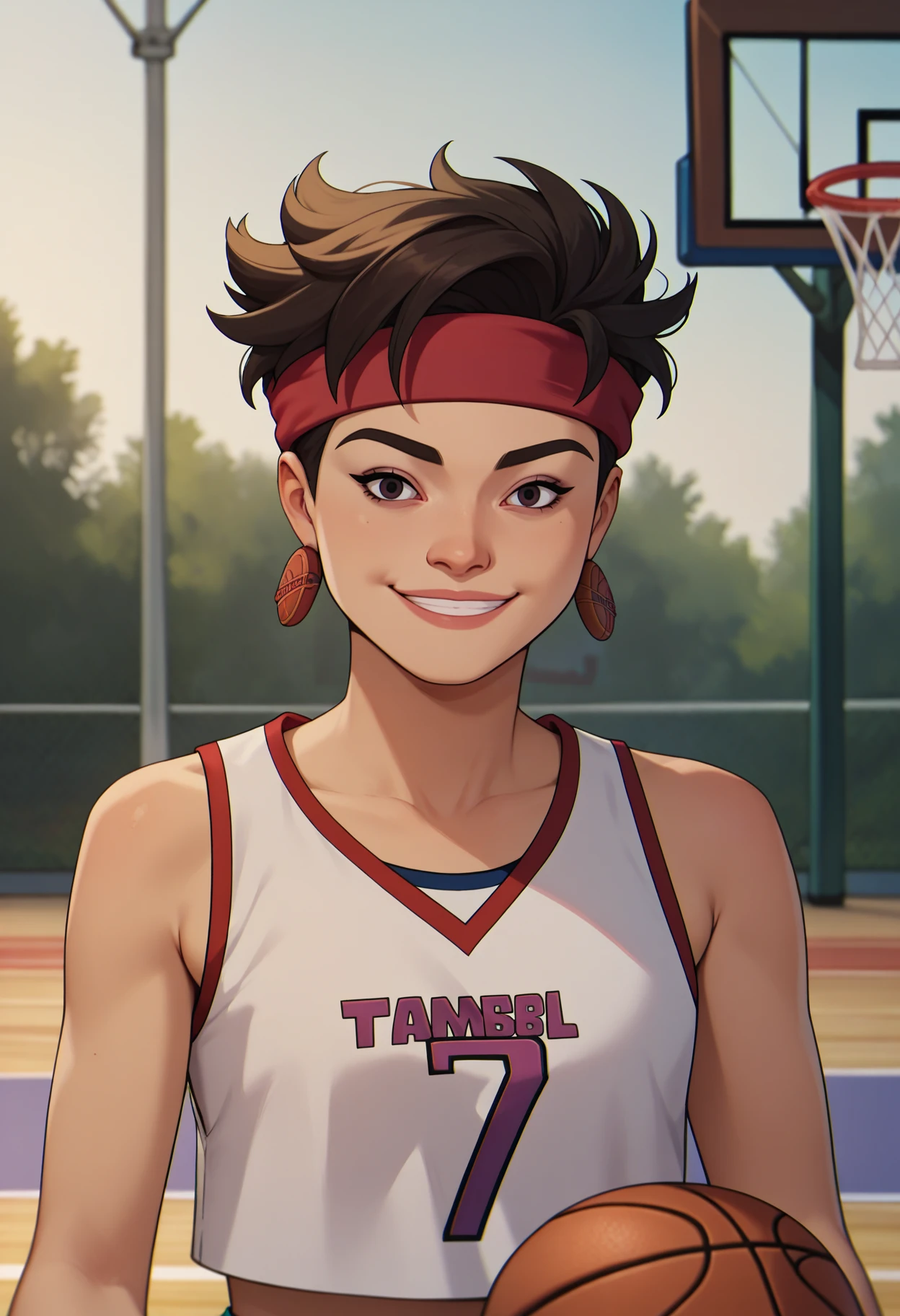 score_9, score_8_up, score_7_up, 1girl, solo, portrait, upper body, looking at viewer, clamJBLee97, headband, jersey crop top, earrings, smile, basketball, outdoors <lora:clamJubilee_xmen97PDXL:1>