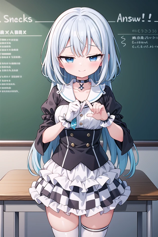<lora:sensualface_type3_v3:1>
insanely detailed, absurdres, ultra-highres, ultra-detailed, best quality,
1girl, solo, nice hands, perfect hands
BREAK
(a checkered clothes:2.0), (a checkered idol clothes:1.6), (short frill sleeve:1.3), (layered skirt,multilayer-skirt:1.6), (white thigh-high socks:1.4), (white choker,white glove with frill:1.3)
BREAK
happy smile, laugh, closed mouth
BREAK
(45 angle:-1.5), (from side:-1.5),
standing, cowboy shot, looking at viewer
BREAK
slender, kawaii, perfect symmetrical face, ultra cute girl, ultra cute face, ultra detailed eyes, ultra detailed hair, ultra cute, ultra beautiful
BREAK
in classroom, school desk, school chair, chalkboard, depth of field, ultra detailed background
BREAK
medium breasts
BREAK
turquoise blue hair, black eyes, cornrows