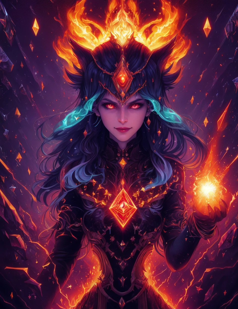 (extremely detailed CG unity 8k wallpaper, masterpiece, best quality, ultra-detailed), (Heaven: 0.6 + Hell + Ghost: 1.2 + Hades: 1.5+ Underworld: 1.4), King of Yan, Throne, Crown, Green Clothes, Mask, Dill Red Light, Flames, Underworld Background, HD Sharp, Extremely Realistic.