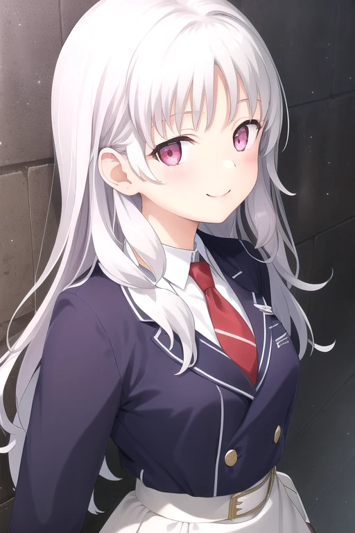 ((masterpiece)),(best quality),official art,extremely detailed CG,unity 8k wallpaper,ultra detailed,beautiful detailed eyes,extremely detailed face,outdoors,1girl,solo,upper body,(portrait:1.5),looking at viewer,facing viewer,smile,Hagino Yume,very long hair,wavy hair,white hair,floating hair,sidelocks,parted bangs,pink eyes,blue jacket,wing collar,open jacket,red necktie,white shirt,collared shirt,long sleeves,medium breasts,underbust,buttons,belt,high-waist skirt,white skirt,long skirt,black socks,loafers,<lora:Hagino Yume(uycb)>,