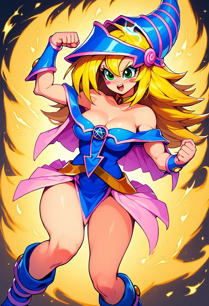 score_9, score_8_up, score_8, medium breasts, (curvy), cute, eyelashes, 
Aura, energy, glowing, swirling energy, dynamic pose, standing, super saiyan, clenched fists, flexing, 
dark magician girl, blonde hair, choker, green eyes, long hair, blush, blush stickers,
bare shoulders, blue footwear, blush, blush stickers, cleavage, collarbone, duel monster, hat, off shoulder, pentacle, wizard hat,