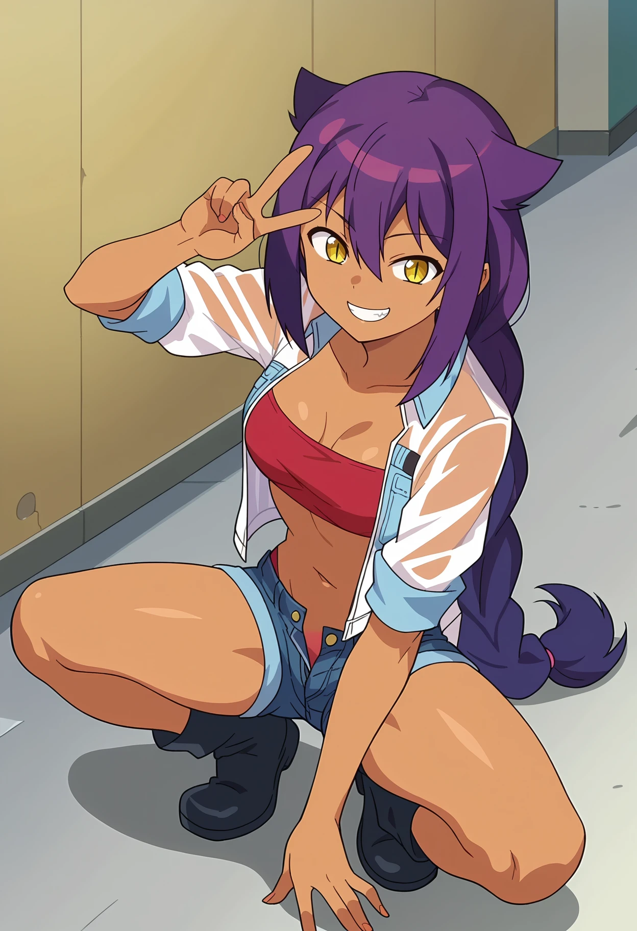 score_9, score_8_up, <lora:TheGreatJahySamaXL_Exotica:1>, 1girl, solo, very long purple hair, medium breasts, hair between eyes, yellow eyes, single braid, sidelocks, dark skin, dark-skinned female, slit pupils, hair flaps, denim microshorts, red tube top, open see-through jacket, open fly, squatting, spread legs, v, grin, street, anime screencap, anime coloring, source_anime