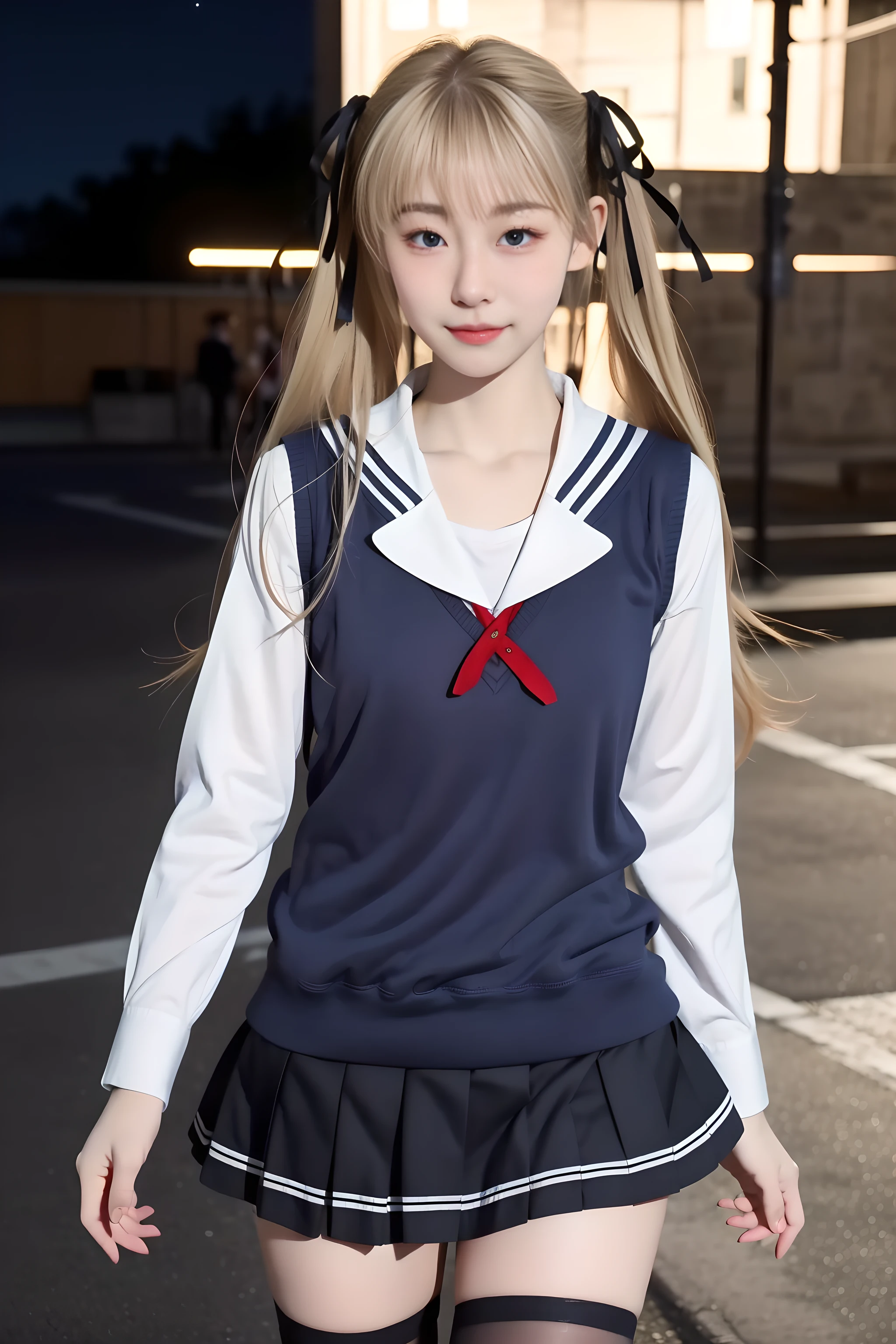 <lora:wwjj_swmr:1>
1girl,
aaeriri, long hair, blonde hair,twintails, hair ribbon, fang, school uniform, sailor collar, white shirt, sweater vest, long sleeves, pleated skirt, black skirt, black thighhighs
 <lora:qqq-sexypantyhose-v1:0.8>
(masterpiece, high quality, best quality), ((delicate eyes and face), volumatic light, ray tracing, extremely detailed CG unity 8k wallpaper, realistic,photorealistic, cowboy shot,