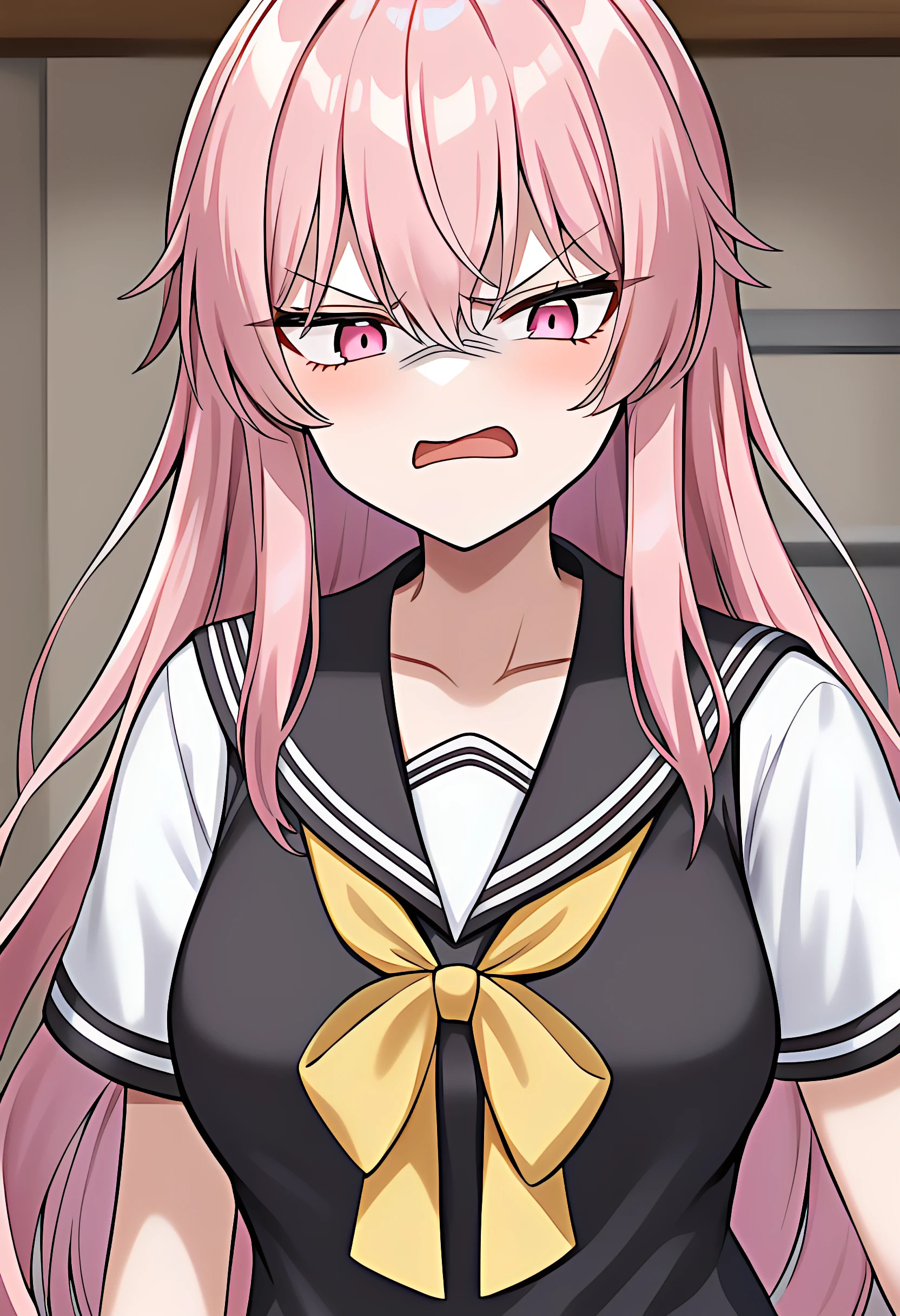 masterpice, best quality,nsjn,1girl,solo,long hair,bangs,shirt,angry expression,hair ornament,bow,hair between eyes,collarbone,white shirt,pink hair,short sleeves,pink eyes,sailor collar,yellow bow, art by nagase_haruhitosweater vest,black vest,holding hairgoing to a haunted hayride,,wonderland labyrinth background,mountain breeze,warm