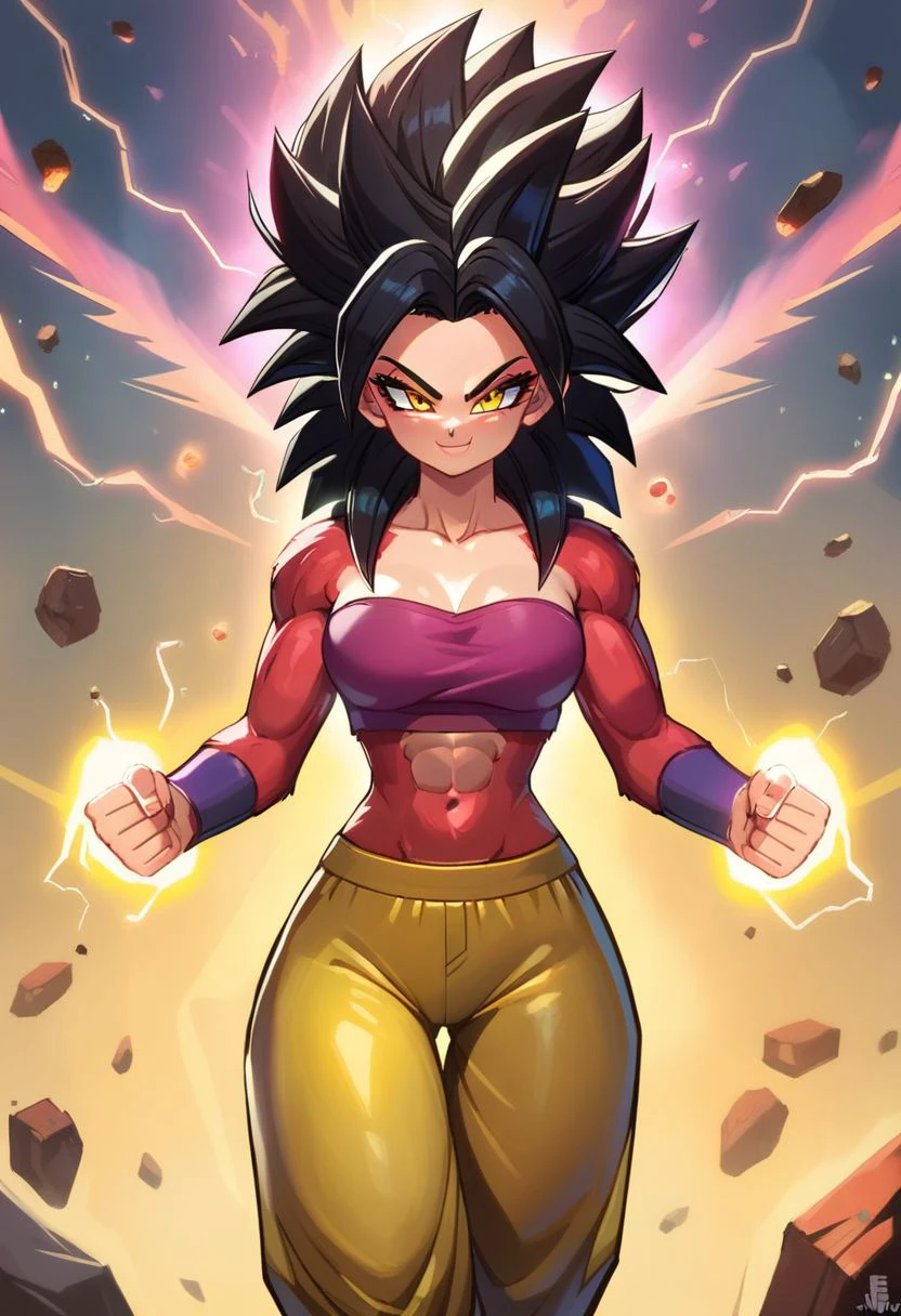 score_9, score_8_up, score_8, cute, curvy, 
 Super_Saiyan_4_Caulifla,  1girl,  crop top,  long black hair,  body fur,  red fur, yellow eyes, 
purple baggy pants, 
Aura, energy, glowing, swirling energy,  
electricity, aura, smile, smug, clenched_fist, looking at viewer, cowboy shot,  glowing, aura, energy, beam, flying debris, serious, floating hair,