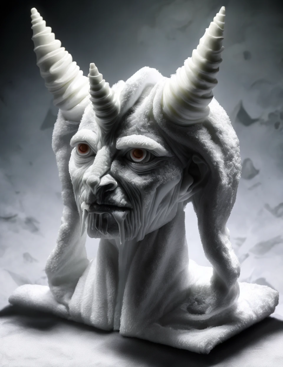 DonMT0w31 towel, baal, supernatural demon,anthropomorphic and zoomorphic features, ancient semitic canaanite, storms, bull's head, horns, lubricated,melt,corroding,computer-controlled,nimbused,white-hot , <lora:DonMT0w31:0.8>