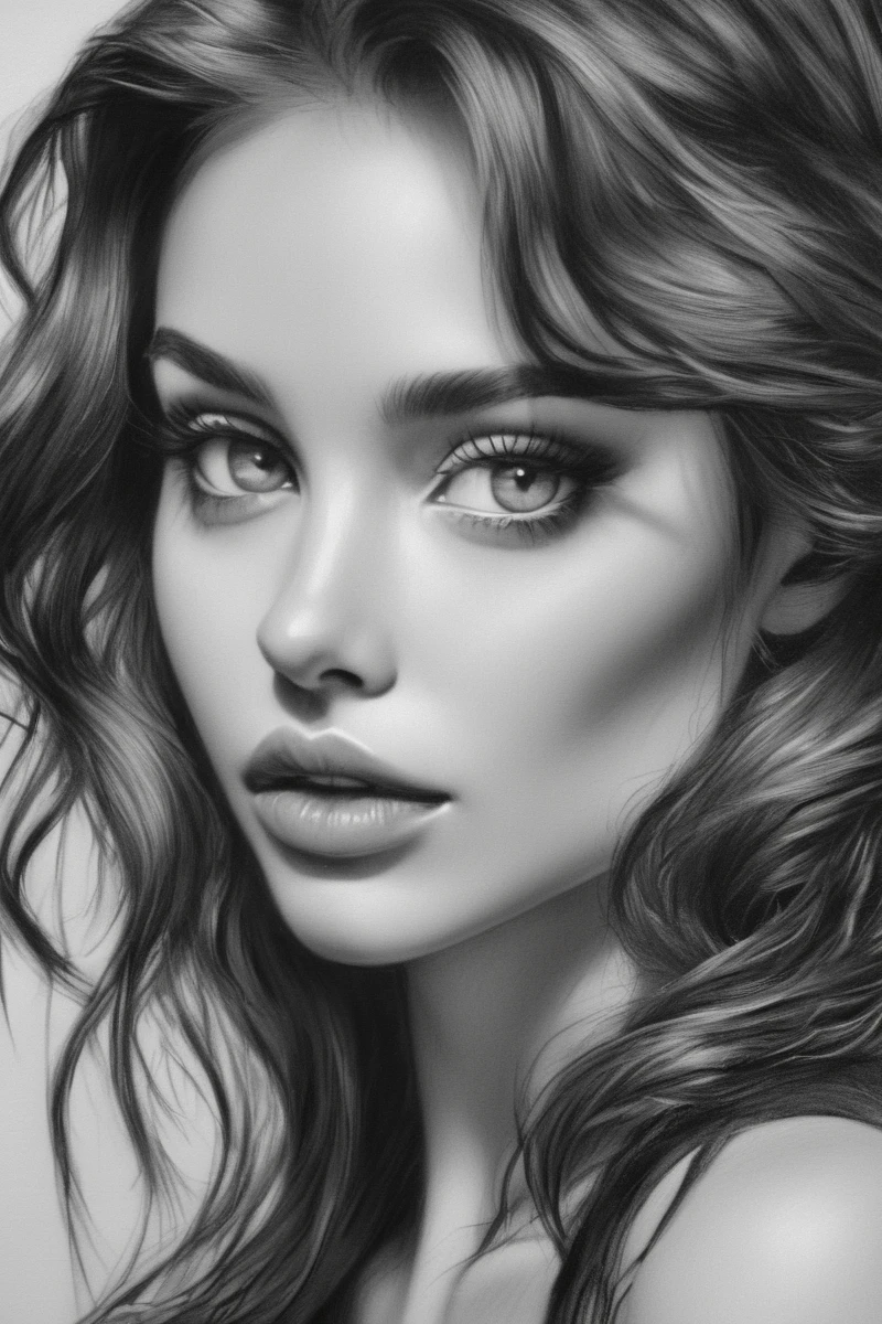 A stunning, black and white photo shoot of a beautiful woman with delicate, pencil-drawn features and a smooth touch, dreaming expression. highy detailed, with complex shading and a variety of tones, from deep blacks to bright whites. Captured with a regular and a classic lens, timeless composition that emphasizes the woman's natural beauty and the artist's skill, expressive lines.