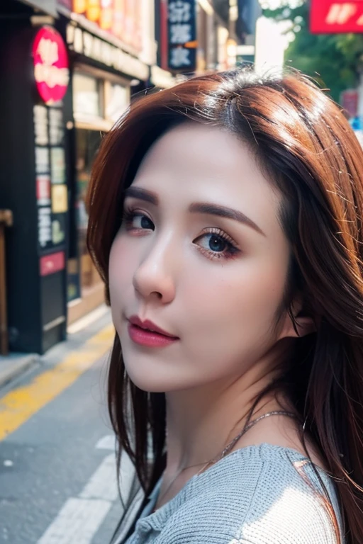 Best quality,masterpiece,ultra high res,photorealistic,1girl,slim body,japanese street alley,dynamic pose,face closeup,depth of field,makeup,<lora:yingzhu_pan:1>,