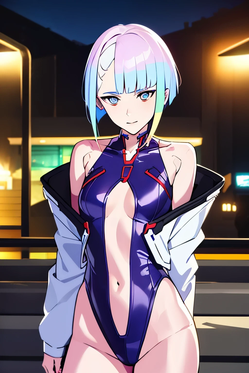 cyberpunk lucy, lucy, short hair, bangs, blue eyes, blue hair, multicolored hair, makeup, multicolored eyes, smile, BREAK bare hips, bodysuit, jacket, leotard, monowire, off shoulder, off-shoulder jacket, open clothes, open jacket, skindentation, BREAK outdoors, city, moon, night, sky, clouds, BREAK looking at viewer, (cowboy shot:1.5), BREAK (masterpiece:1.2), best quality, high resolution, unity 8k wallpaper, (illustration:0.8), (beautiful detailed eyes:1.6), extremely detailed face, perfect lighting, extremely detailed CG, (perfect hands, perfect anatomy), simple background, small breasts