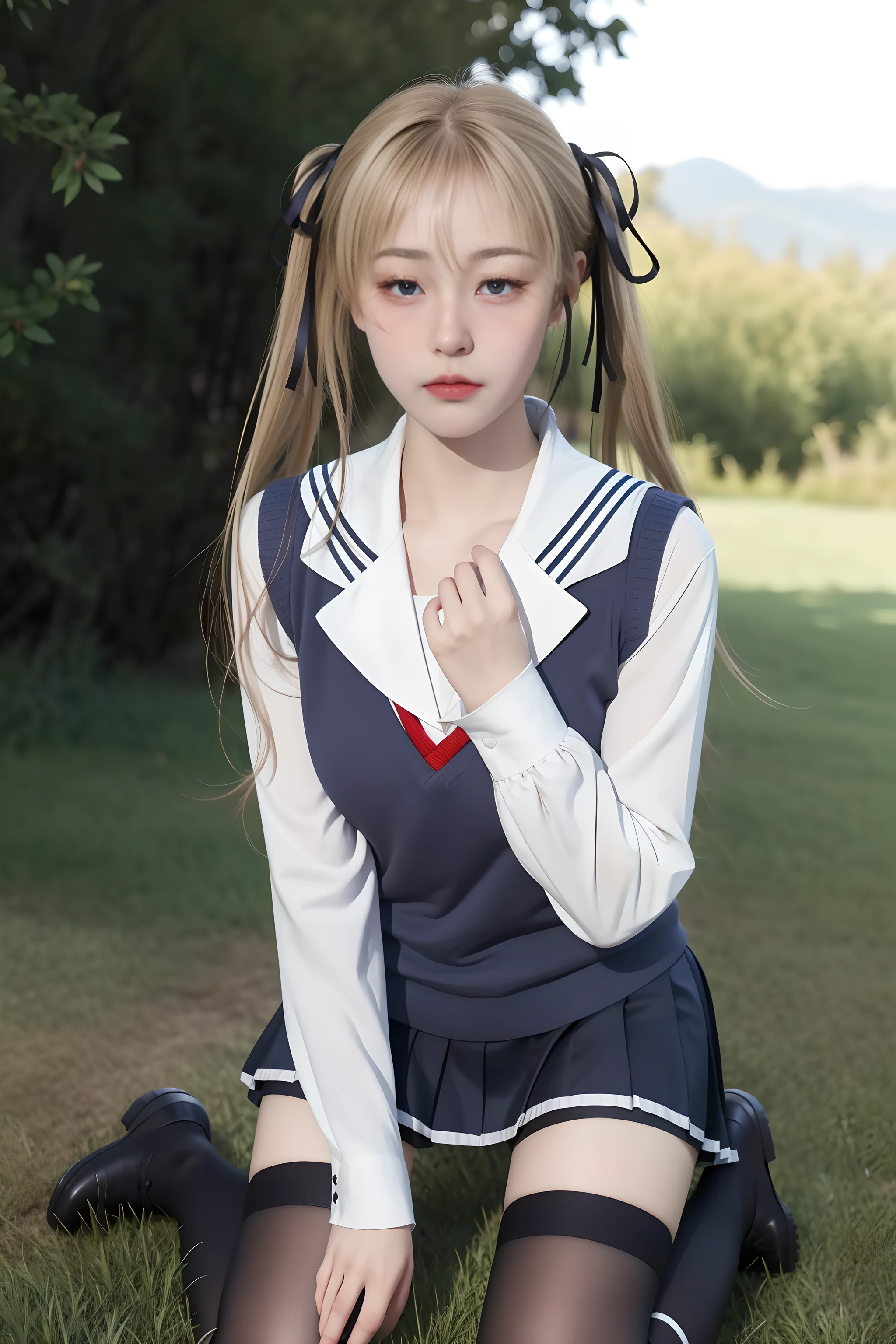 <lora:wwjj_swmr:1>
1girl,
aaeriri, long hair, blonde hair,twintails, hair ribbon, fang, school uniform, sailor collar, white shirt, sweater vest, long sleeves, pleated skirt, black skirt, black thighhighs
<lora:qqq-sexypantyhose-v1:0.8>
(masterpiece, high quality, best quality), ((delicate eyes and face), volumatic light, ray tracing, extremely detailed CG unity 8k wallpaper, realistic,photorealistic, cowboy shot,