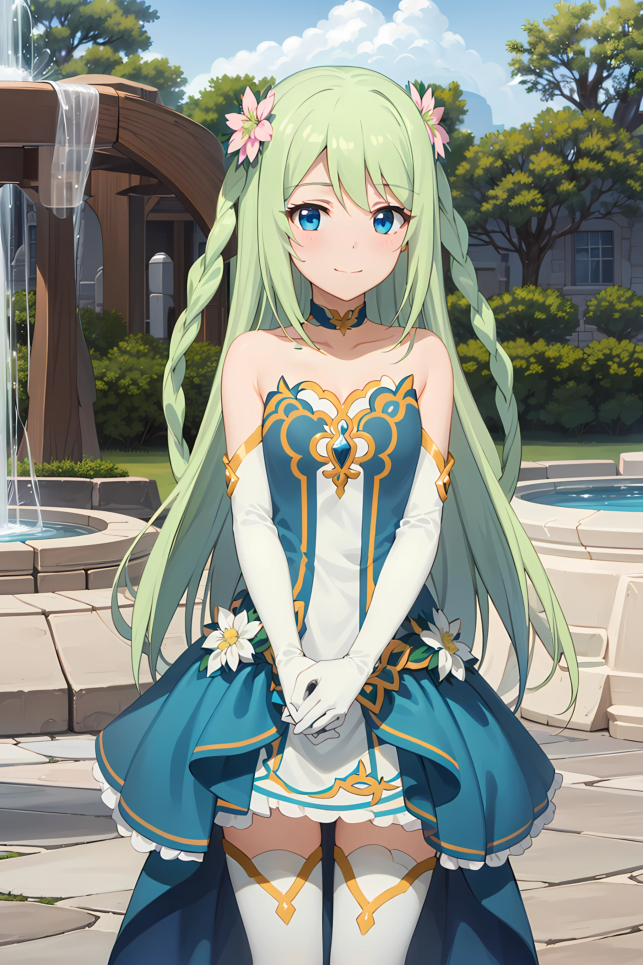 best quality, masterpiece, detailed,
<lora:PrincessConnect_Chika:0.8>, Chika,
1girl, closed mouth, light smile,
green hair, very long hair, blue eyes, twin braids, hair flower,
dress, bare shoulders, elbow gloves, white gloves, choker, white thighhighs,
looking at viewer,
outdoors, fantasy, tree, building, fountain, light rays