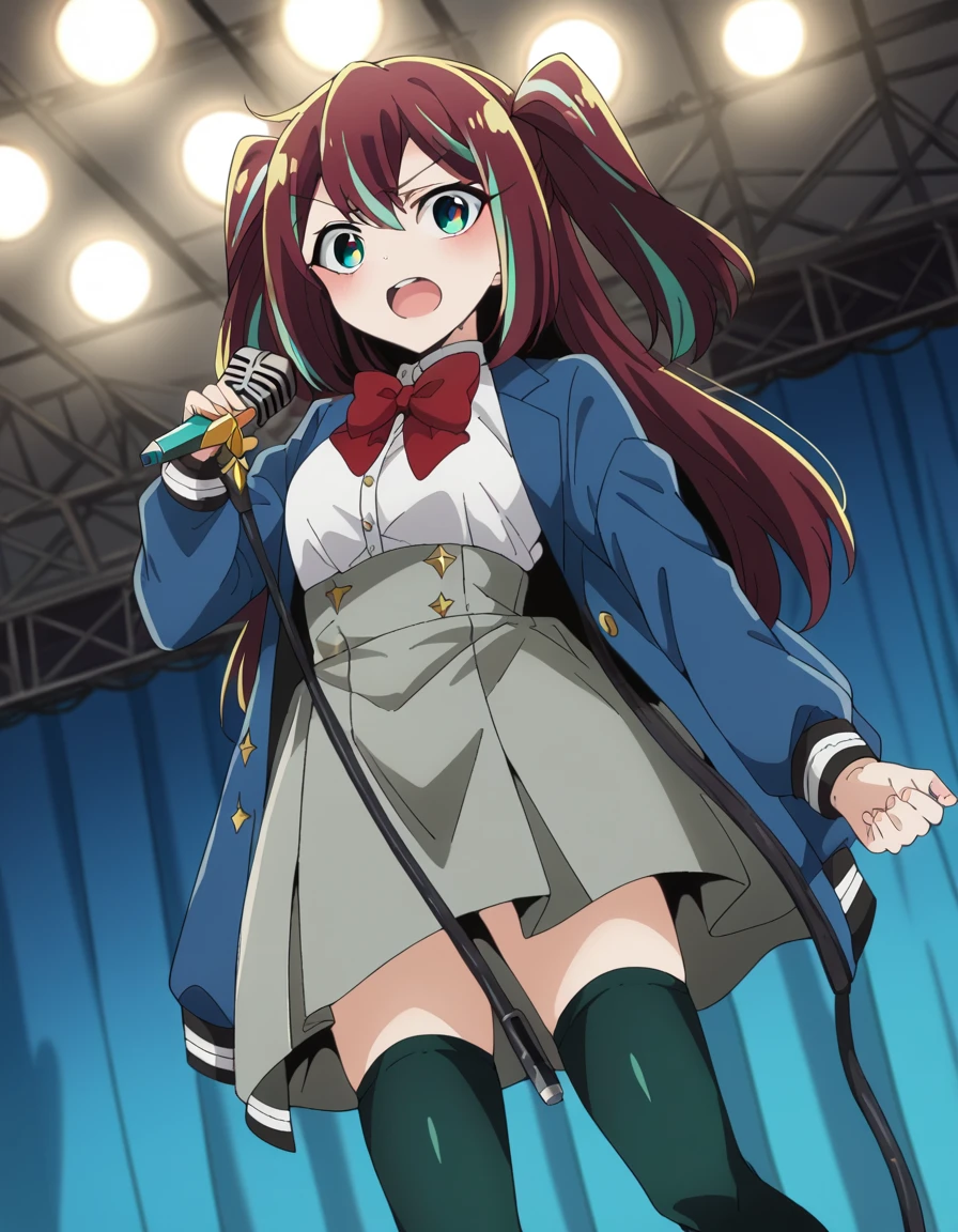 score_9, score_8_up, score_7_up, source_anime,
matamaakoya, <lora:matama-akoya-ponyxl-lora-nochekaiser:1>
matama akoya, long hair, brown hair, green eyes, multicolored hair, aqua eyes, two side up, streaked hair,
skirt, shirt, thighhighs, bow, school uniform, jacket, white shirt, black thighhighs, bowtie, red bow, zettai ryouiki, buttons, blue jacket, red bowtie, grey skirt, high-waist skirt,
indoors, stage, stage lights, concert, audience, singing, microphone, holding microphone, open mouth,
looking at viewer, dutch angle, cowboy shot