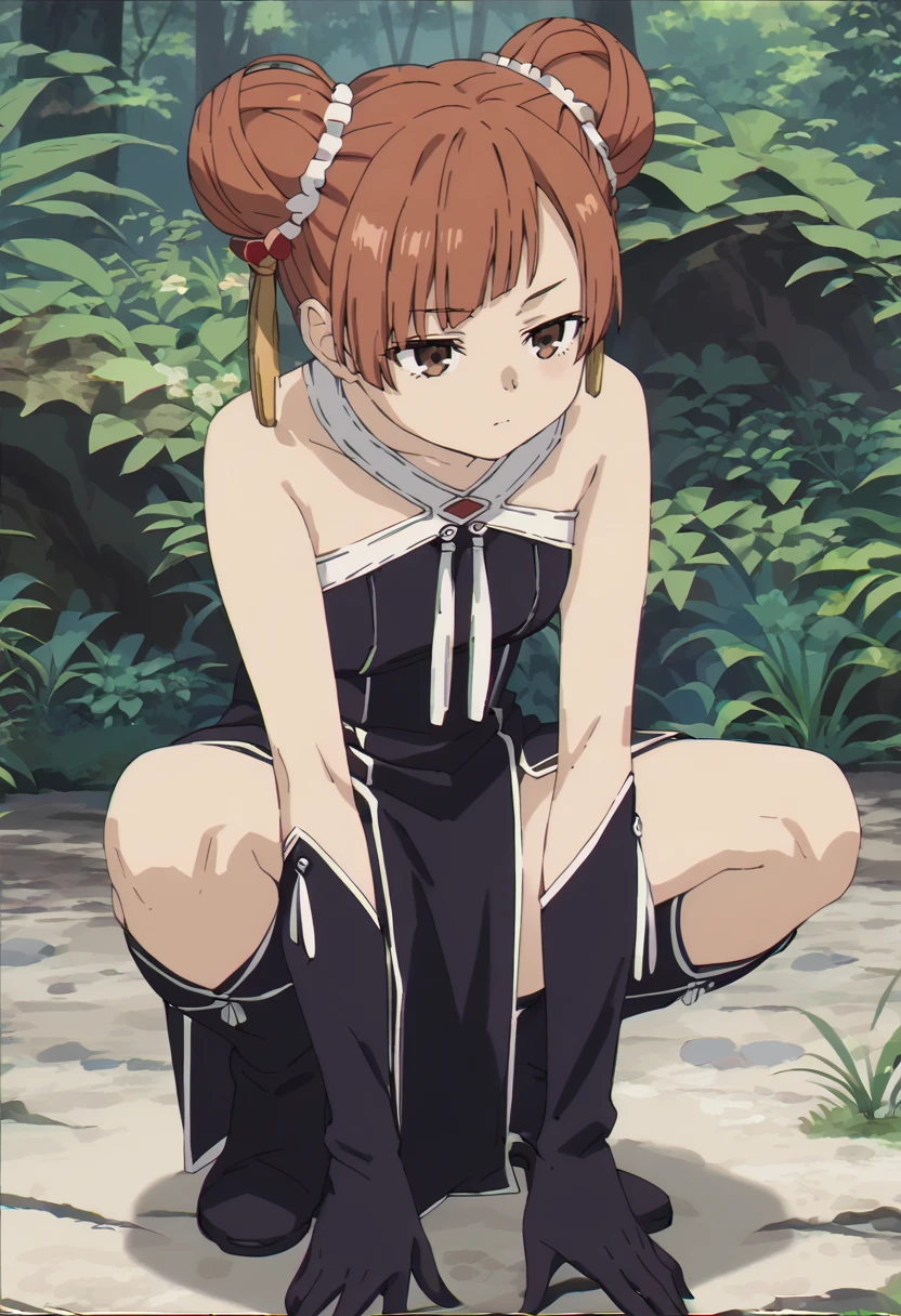 <lora:LaufenXL003>,
solo,
anime screencap,
score_9,score_8_up,
Laufen,1girl,brown hair,short hair,double bun,brown eyes,hair_ornament,
black dress,bare shoulders,
gloves,
pelvic curtain,
boots,
nature,squatting,