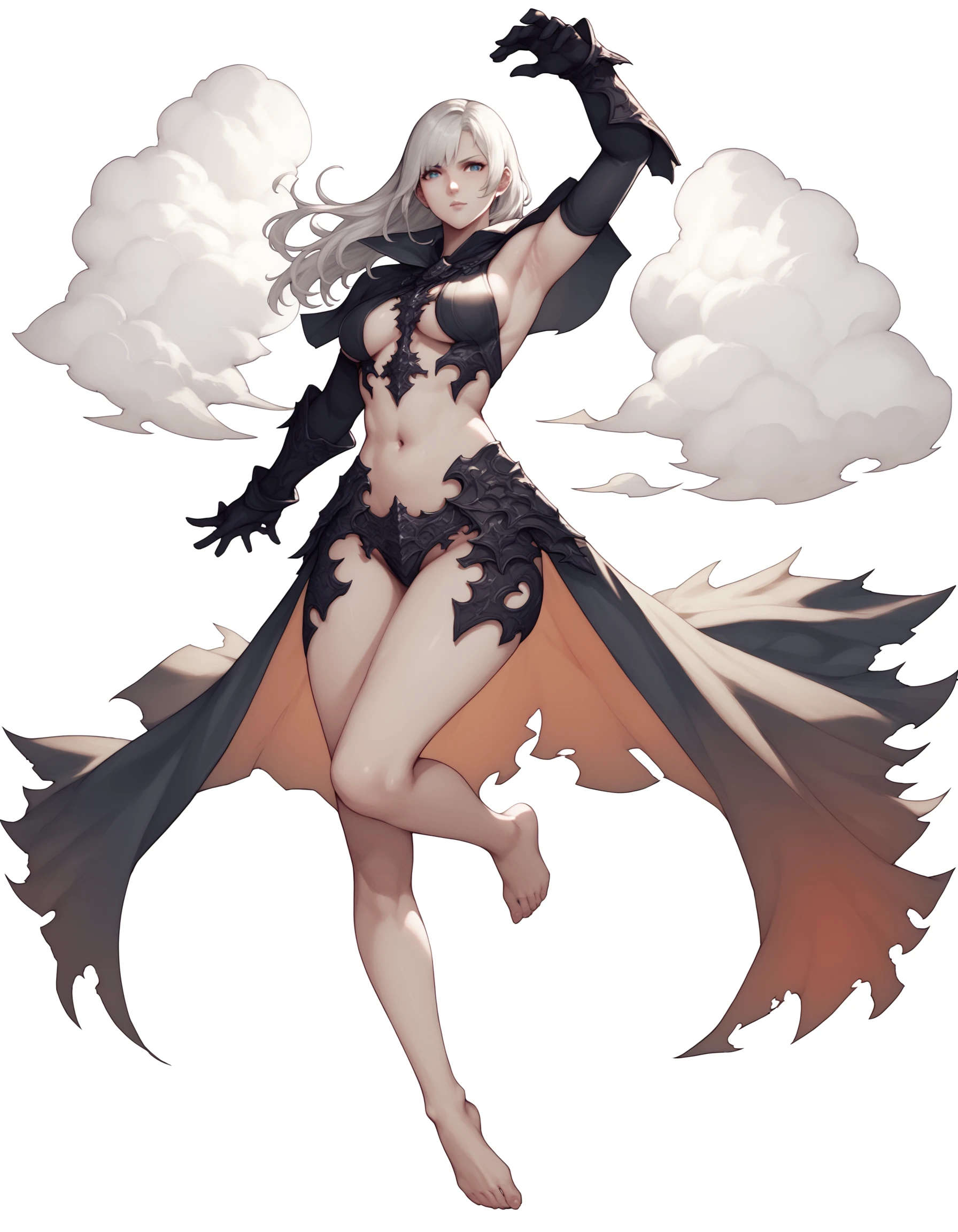 score_9_up, score_8_up, score_7_up, score_6_up, Final Fantasy Games Style, 1girl, solo, long hair, large breasts, gloves, white background, navel, medium breasts, barefoot, elbow gloves, armpits, cape, revealing clothes, Cloud of Darkness, FFXIV, <lora:FF-InspoXL:1>