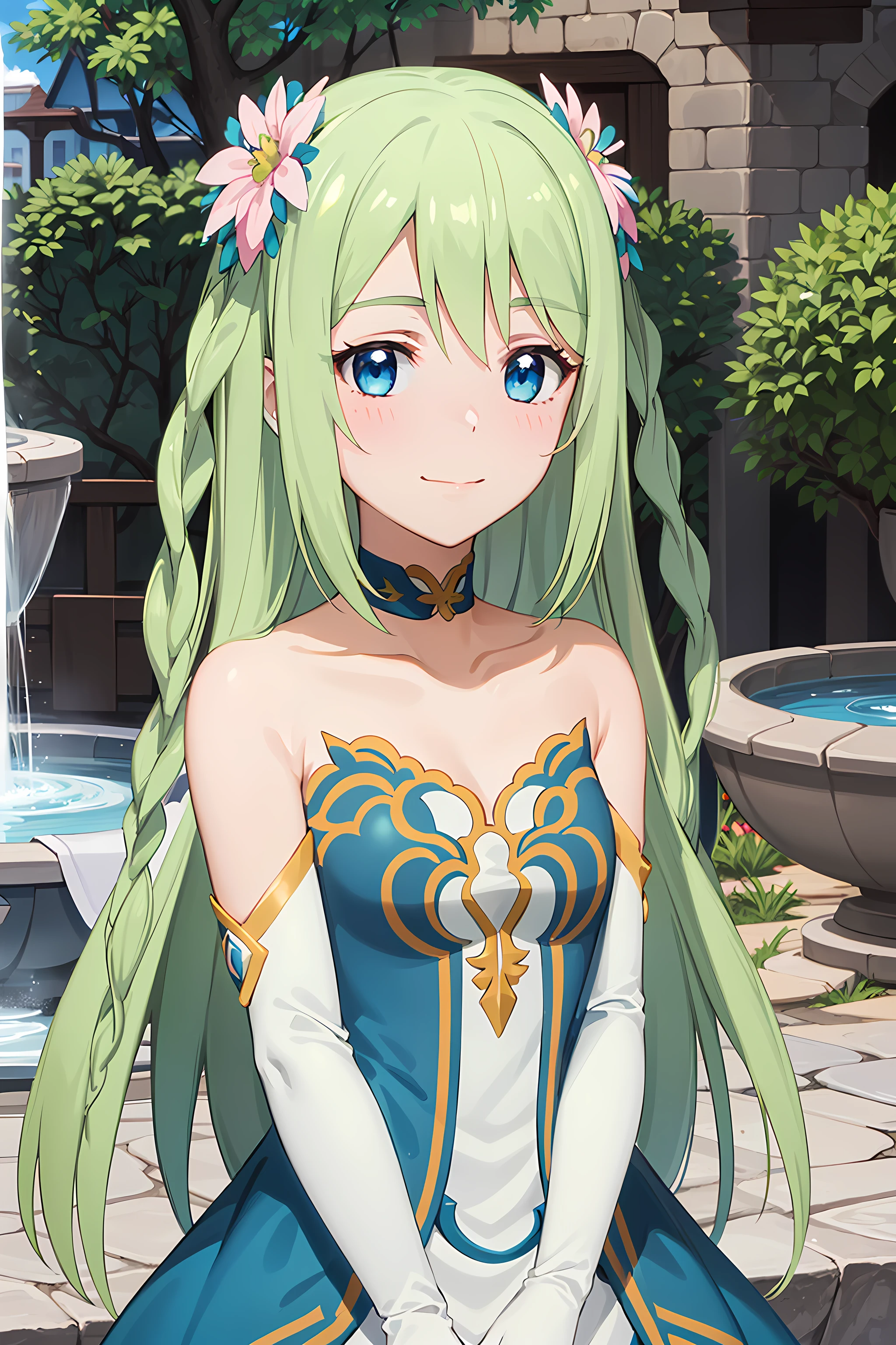 best quality, masterpiece, detailed,
<lora:PrincessConnect_Chika:0.8>, Chika,
1girl, closed mouth, light smile,
green hair, very long hair, blue eyes, twin braids, hair flower,
dress, bare shoulders, elbow gloves, white gloves, choker,
looking at viewer, upper body,
outdoors, fantasy, tree, building, fountain, light rays