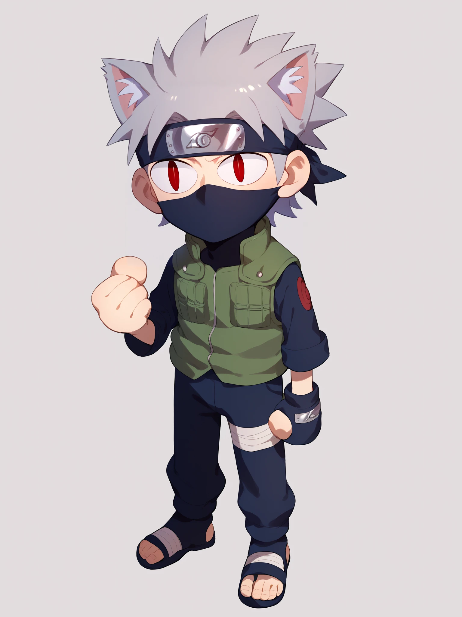 score_9, score_8_up, score_7_up, BREAK,
1boy, necoarc, cat ears,
kakashi, grey hair, covered mouth, mouth mask, red eye, scar across eye, forehead protector, gloves, konohagakure symbol, mature, green vest, pants, bandages,
standing, chibi, slit pupils, solo, full body, white background <lora:necoarc-guy-PONY-v1:1>   <lora:KakashiXL:1>