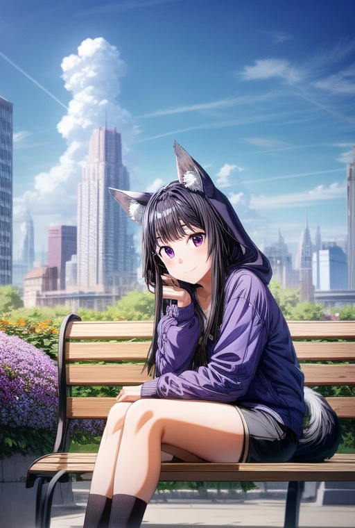 <lora:SAO Style:1> <lora:add_detail:1> Girl, wolf ears, wolf tail, purple eyes, black hair, long hair, black hood, black shorts, black socks, smile, beautiful view, detailed, purple flowers, purple butterflies, clouds, sky, city view, sitting on bench