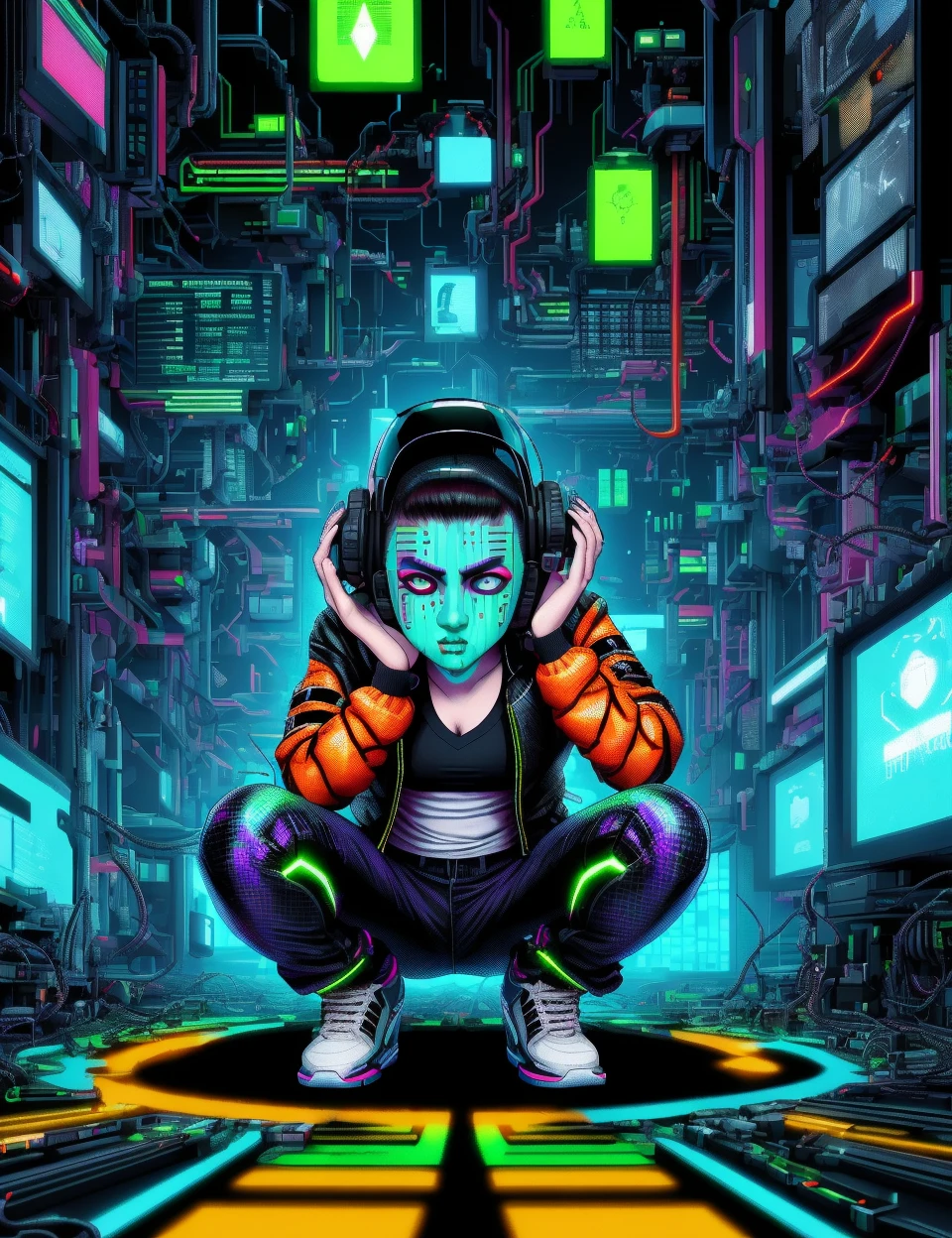 DonM8u663d, text "BUGGED!", female technomancer, biomechanical hackers, expert hackers merged with biotechnology, wired into cyberspace, young adult, balanced, south asian, emerald eyes, deviated septum nose, round chin, blunt jaw, plump cheeks, graceful collarbone, , auburn long bob hair, confusion, stealthy crouch, character crouches low, arms outstretched, and eyes alert, adopting a stealthy pose, wearing circuitry matrix print black holo-mesh pants, neon-laced fabric bluish-orange holographic blouson jacket, holo-glitter sock boots, techno-helmet, microchip respirator , seeking counsel from an enchanted book, reading with intense focus, high-tech nightlife lighting, virtual reality architects designing futuristic virtual constructs, corporate cyberpunk, <lora:DonM8u663d:0.8>