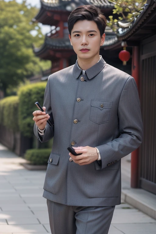 ltra-detailed,highly detailed,best quality,masterpiece,illustration,realistic,photorealistic,
1boy, solo,
chinese tunic suit, formal, jacket, shirt, pants,
breast pocket,
looking at viewer, walking, cowboy shot,
outdoors, day, tree, cityscape, east asian architecture,
<lora:chinese tunic suit_v1_08:0.7>