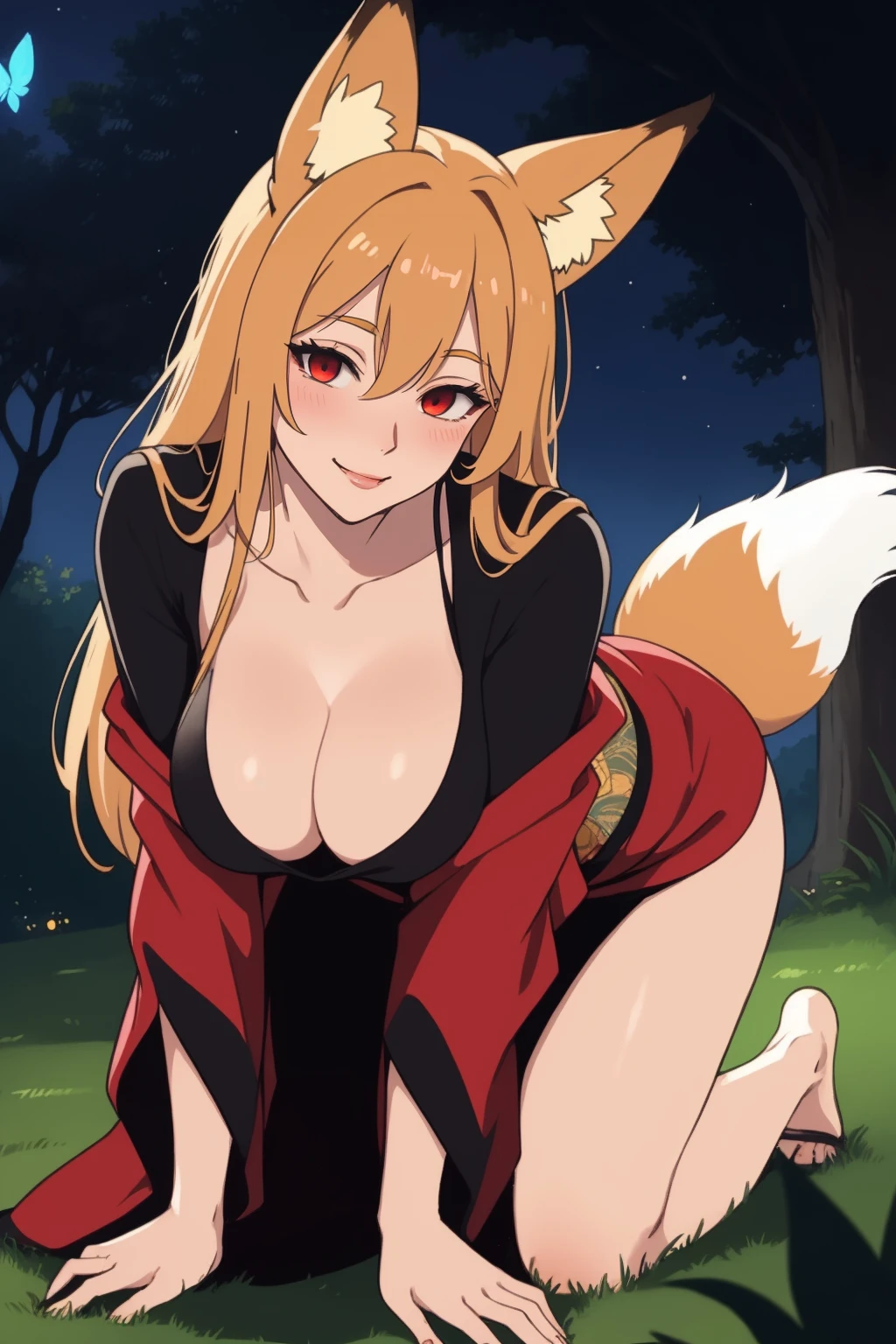masterpiece, 1girl, blush, sexually suggestive, seductive smile, red eyes, long hair, fox ears, fox tail, medium breasts, hiding behind a tree, kimono, outdoors, night, glowing butterfly, tall, thick thighs, looking at viewer, mature female, all fours