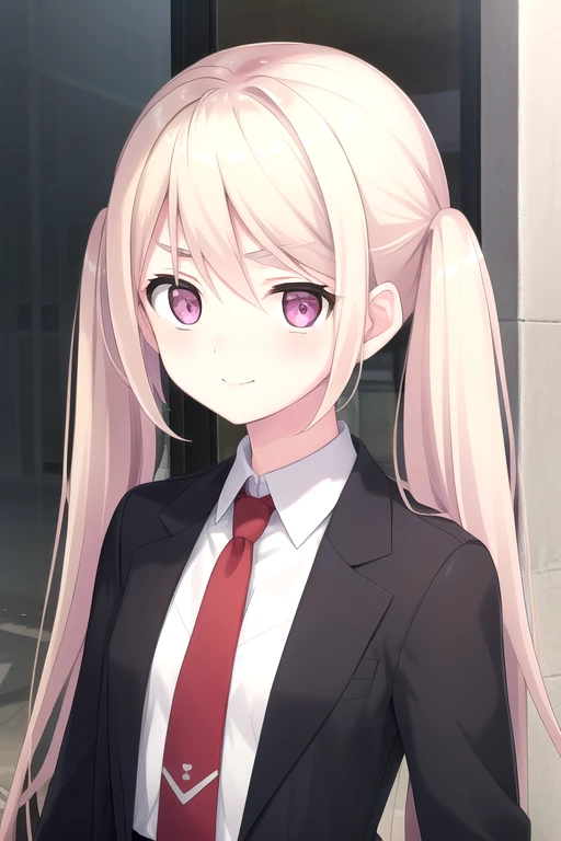 ((masterpiece)),(best quality),official art,extremely detailed CG,unity 8k wallpaper,ultra detailed,beautiful detailed eyes,extremely detailed face,outdoors,1girl,solo,upper body,(portrait:1.5),looking at viewer,facing viewer,smile,(petite:1.2),Nabatake Inaba,very long hair,blonde hair,twintails,hair intakes,hair between eyes,bangs,v-shaped eyebrows,pink eyes,black jacket,open jacket,wing collar,dress shirt,white shirt,collared shirt,red necktie,long sleeves,small breasts,belt,suit pants,loafers,<lora:Nabatake Inaba(uycb)>,