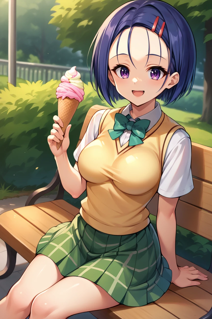 score_9, score_8_up, score_7_up, score_6_up, source_anime, BREAK <lora:tlrharuna-pdxl-nvwls-v1-000005:1> tlrharuna, medium hair, hairclip, green bowtie, yellow sweater vest, white shirt, short sleeves, green miniskirt, plaid, short skirt, medium breasts, sitting, park bench, holding ice cream, happy, looking at you