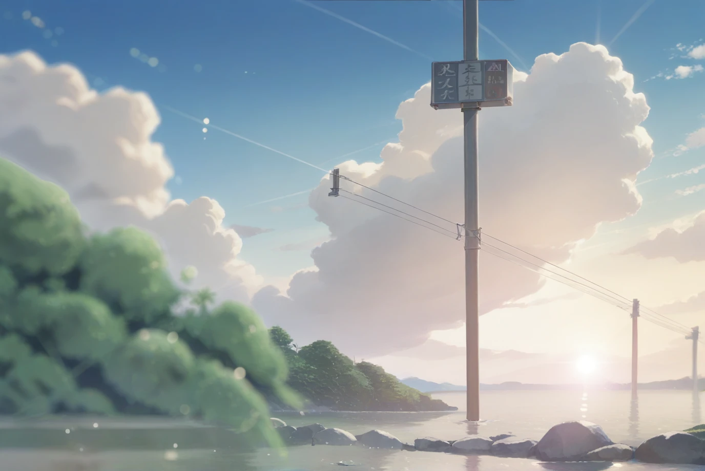 score_9, score_8_up, score_7_up, score_6_up, score_5_up, score_4_up, BREAK
<lora:KotonohaNoNiwaStyleXL-v2-08:0.7>, chopiokotonoha, no no humans, 
utility pole, japanese countryside, rice fields, water, blue sky, clouds,
sunny, light rays, lens flare, depth of field, bokeh,