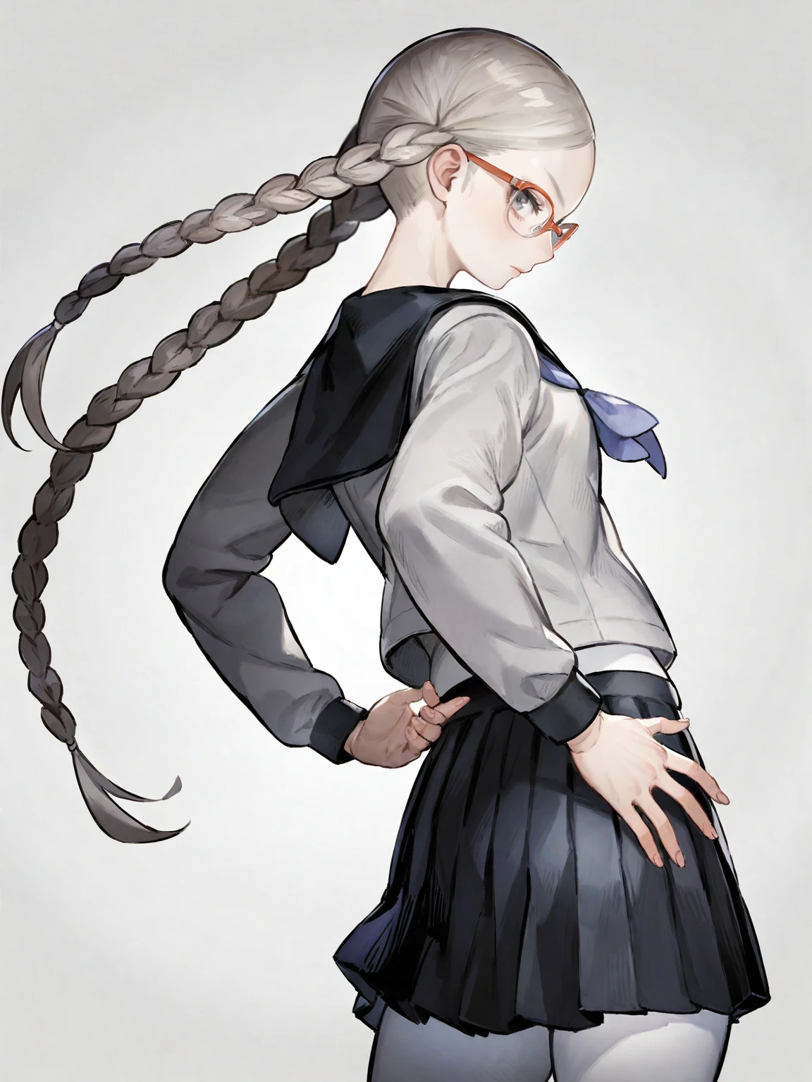 kisaragi tomi, twin braids, grey hair, 1girl, solo, braid, skirt, pantyhose, school uniform, long hair, glasses, looking back, white pantyhose, grey eyes, serafuku, white background, from behind, simple background, black skirt, pleated skirt, looking at viewer, hand on hip, long sleeves, sailor collar,masterpiece,best quality,very aesthetic,absurdres