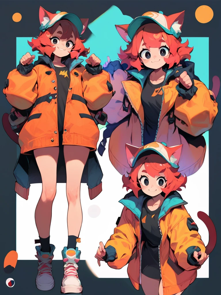 score_9, score_8_up, score_7_up, cat girl, big coat, black eyes, red hair, hat, leaning forward, cute pose, small breasts, thick thighs, smile, looking at viewer, cute, simple black background, dynamic pose, sexy, reference sheet, 
 <lora:XLPCharacterDesign_Concept:0.7> CharacterDesignXL <lora:[GP] Bongfill Style [Pony XL]:0.6>