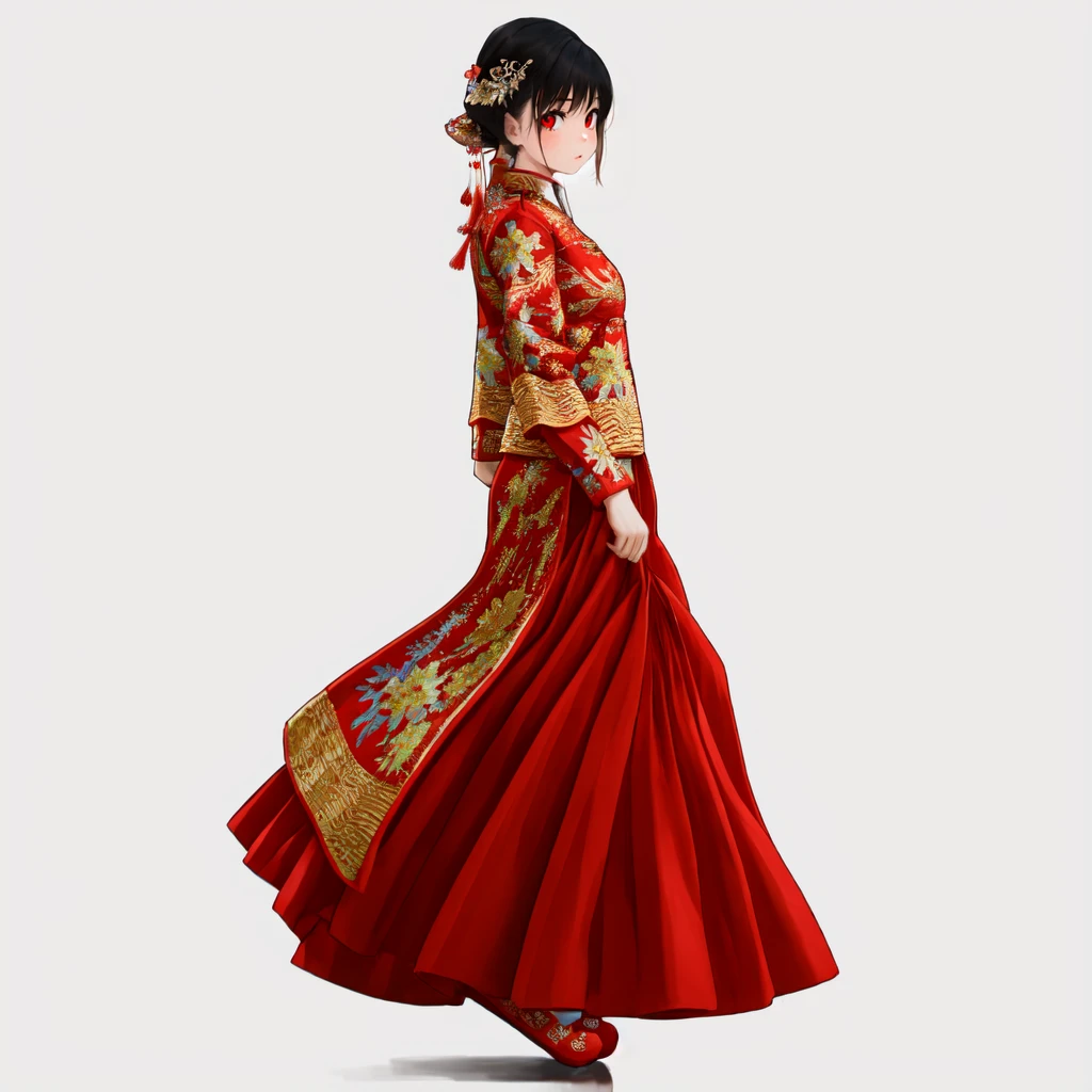 masterpiece, watercolor, Impasto,
JIAYI55, JYAYIQS25, fisting, from side,
1girl, solo, chinese clothes, red mary janes, red dress, long dress,
black hair,very long hair, hair ornament,
walking, (full body),
two-tone background, ((simple background)),