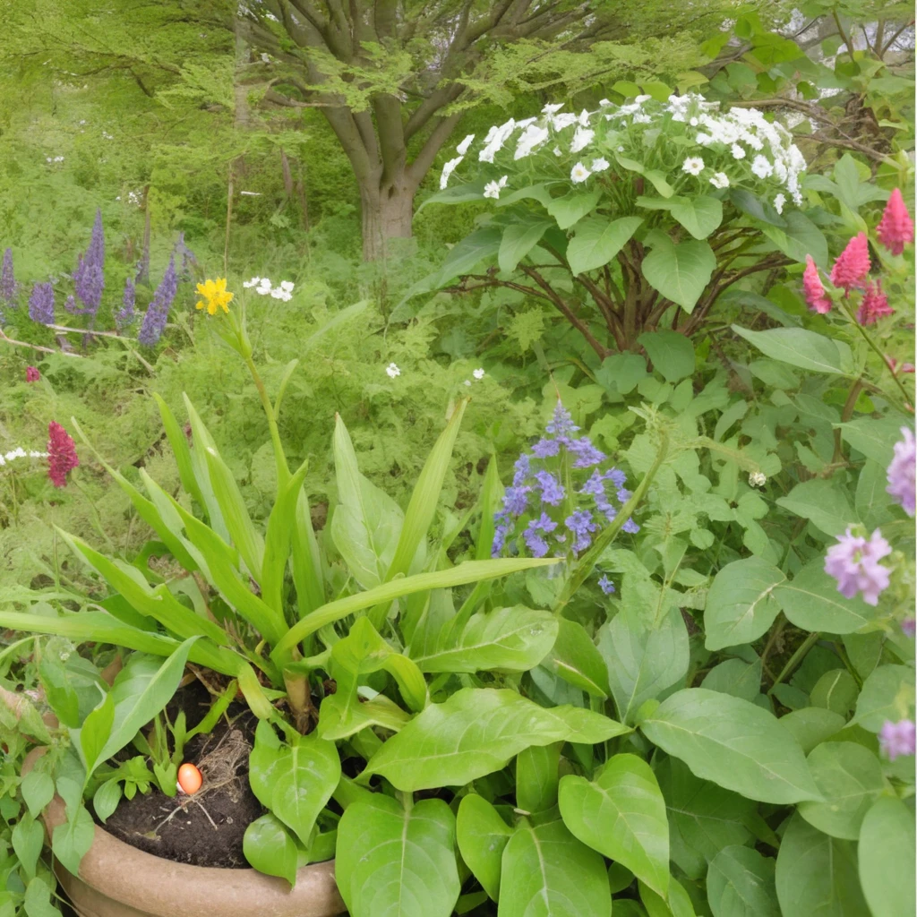 Generate a panoramic photograph of a garden in spring, showcasing a natural, untamed appearance. The image should feature dense, untrimmed bushes, and a small tree bursting with fresh green leaves. Interspersed among these, include a variety of wildflowers, plants, and (1easteregg:1.1) emphasizing the garden's vibrant and wild rejuvenation in clear, bright, natural colors. <lora:RealMessyEaster_v09_exp:1>